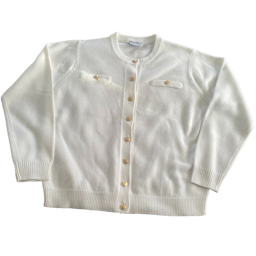 Womens White Knit Cardigan Size Medium W/Gold Buttons Tog Shop Great Condition!